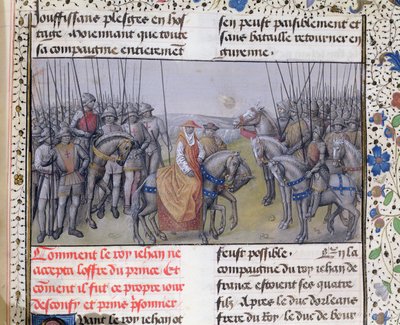 Ms 659 f.267 r. Jean II le Bon capturé par les Anglais à la bataille de Poitiers, 1356 - Master of Mary of Burgundy